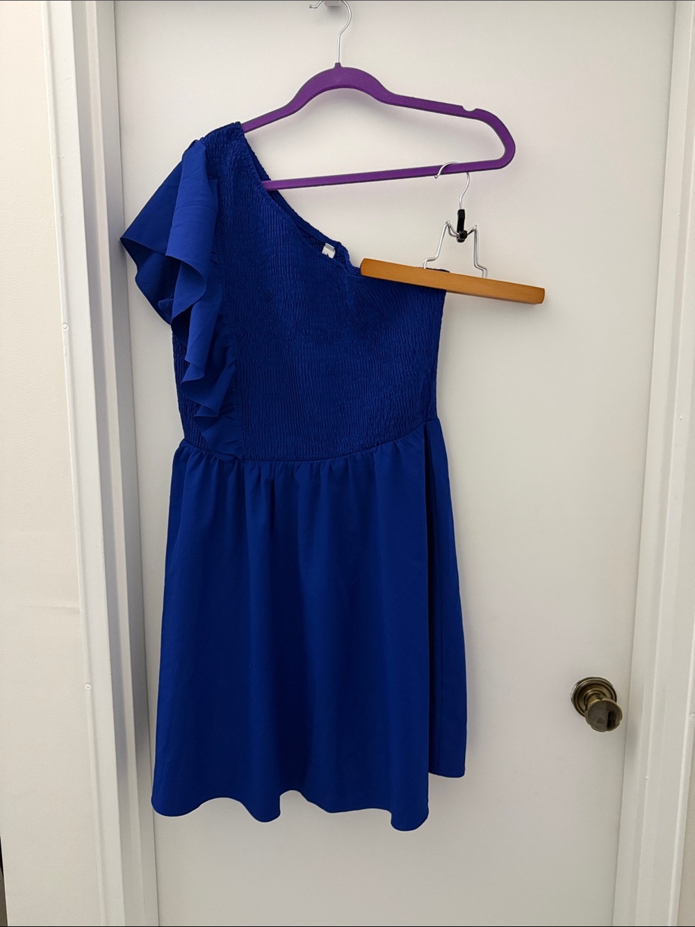 Amazon One-Shoulder Royal Blue Dress with Ruffle Sleeve